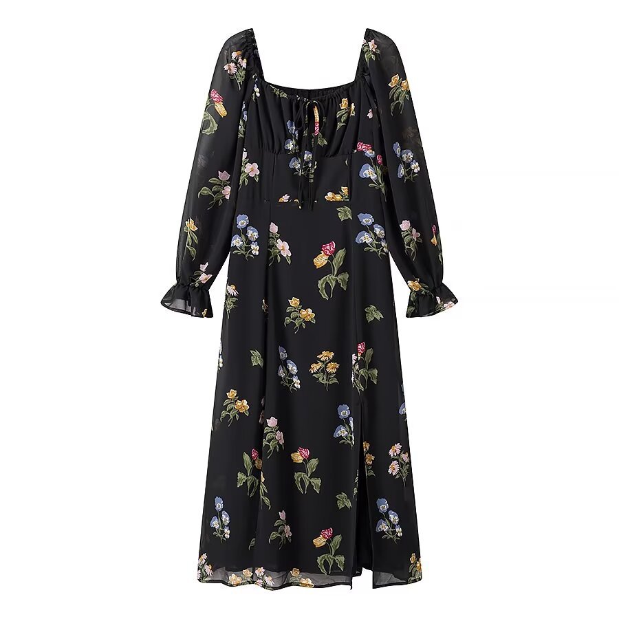 ZA cross-border women's clothing wholesale European and American style new retro square collar long sleeve floral dress matching coat base skirt