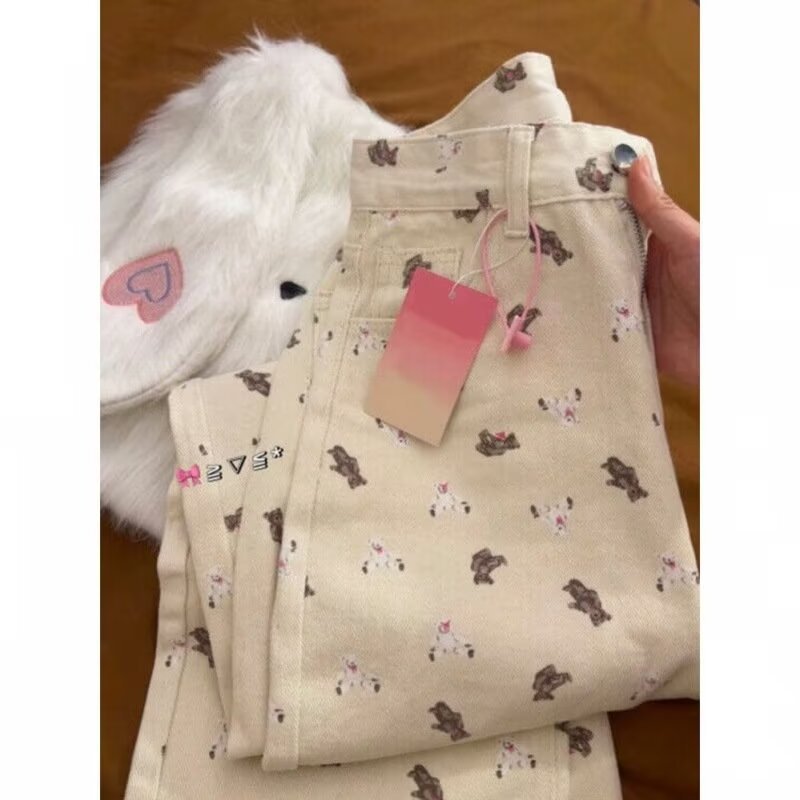 Bear Printed White Wide Leg Jeans Women's Autumn 2024 New Cartoon chubby girl Slimming Straight Pants