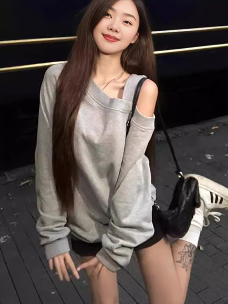Lazy Style Slant Collar Shoulder Long-sleeved Sweatshirt Women's Spring and Autumn Thin Loose Slimming Casual All-match Pullover Hootless Top