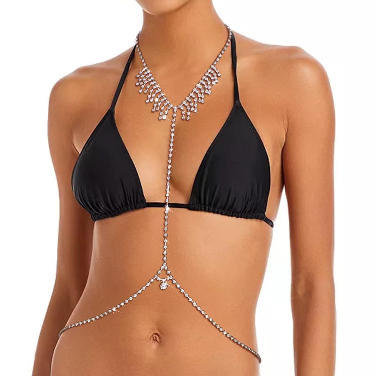 Picture of European and American Simple Beach Style Sexy Bikini Creative Body Chain Rhinestone Tassel Diamond Chest Chain Women's Waist Chain