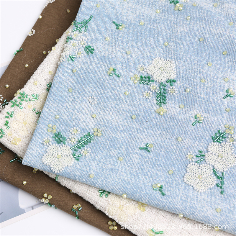 Washed Denim Bead Tube Embroidery Fabric Canvas Bag Jacket Fabric