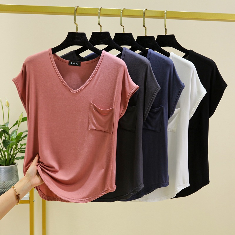 Pocket V-neck Modal Crewneck Short-sleeved T-shirt Women's Summer Slim-fit Base Shirt with Short Top 2023 New Style