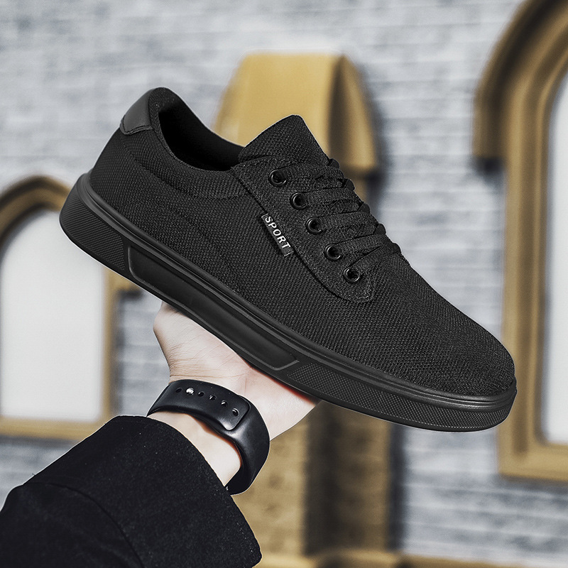 Men's Work Shoes Summer Breathable Thin All-black Casual Canvas Board Shoes Young All-match Lightweight Breathable Trendy Shoes