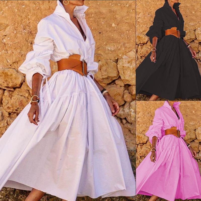 FD1072 in stock 2025 autumn new cross-border women's fashion temperament lapel long sleeve casual long dress