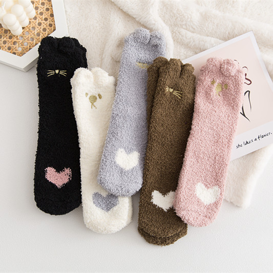 20 Autumn and Winter Coral Velvet Embroider Home Socks Cute Cat Claw Mid-Tube Sleep Socks Stereo Ear Floor Women's Socks