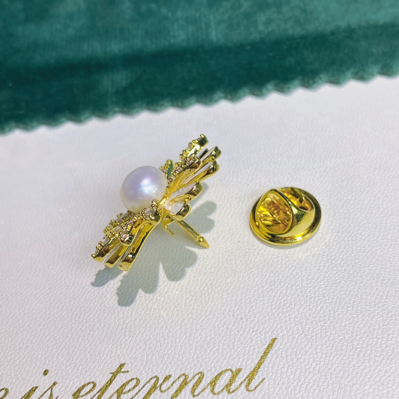 Picture of [DIY accessories] copper gold-plated zircon Daisy sunflower stab pin brooch collar pin 7-8mm Pearl chest receptacle