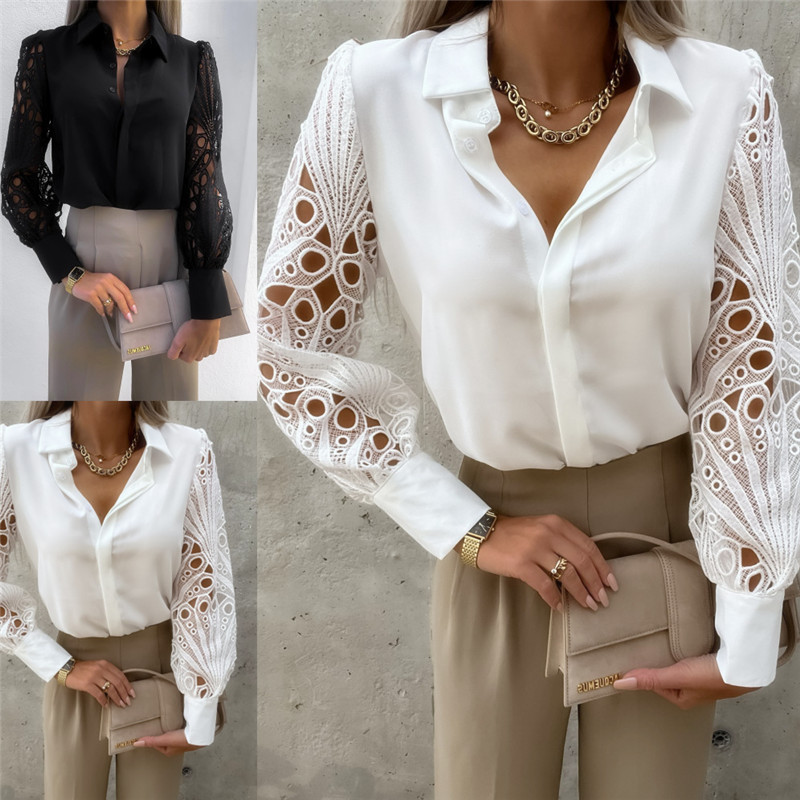2024 Amazon Europe and the United States foreign trade cross-border spring and summer new best selling ladies solid color lace stitching shirt shirt women