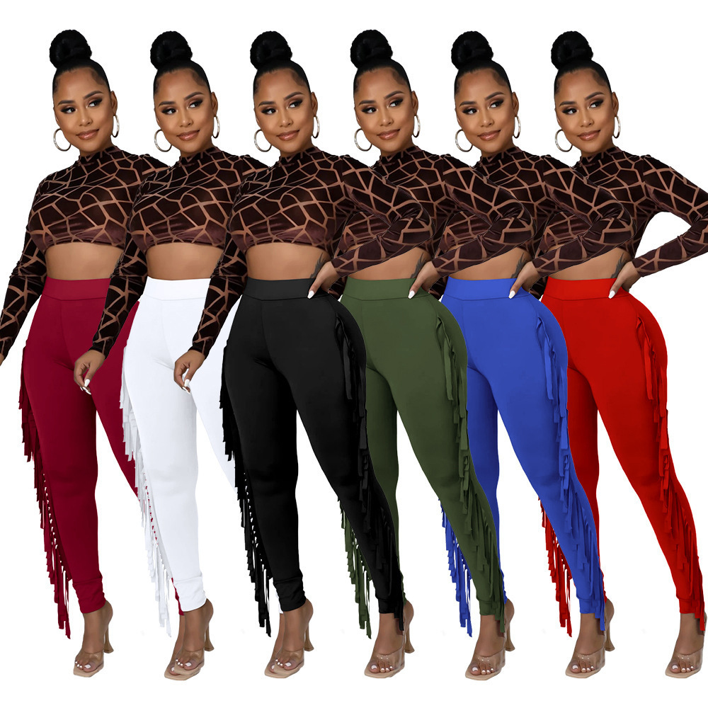 Cross-Border Export Spring & Fall New European and American Clothing Amazon Aliexpress Ebay Tight High-Waisted Tassel Bandage Pants for Women