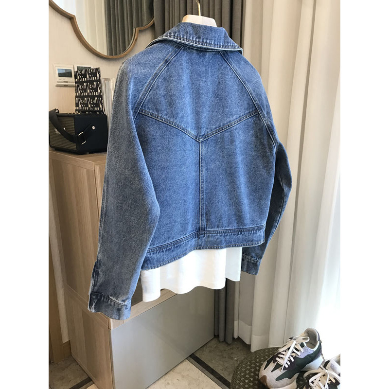 Picture of Fried Street section ~ trend is full, fashionable fine love! Motorcycle Large Lapel Zipper Long Sleeve Denim Jacket