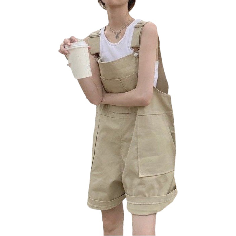 Strap Cotton khaki Work Strap Women's Summer Loose Straight High Waist Casual Wide-leg Shorts Trendy