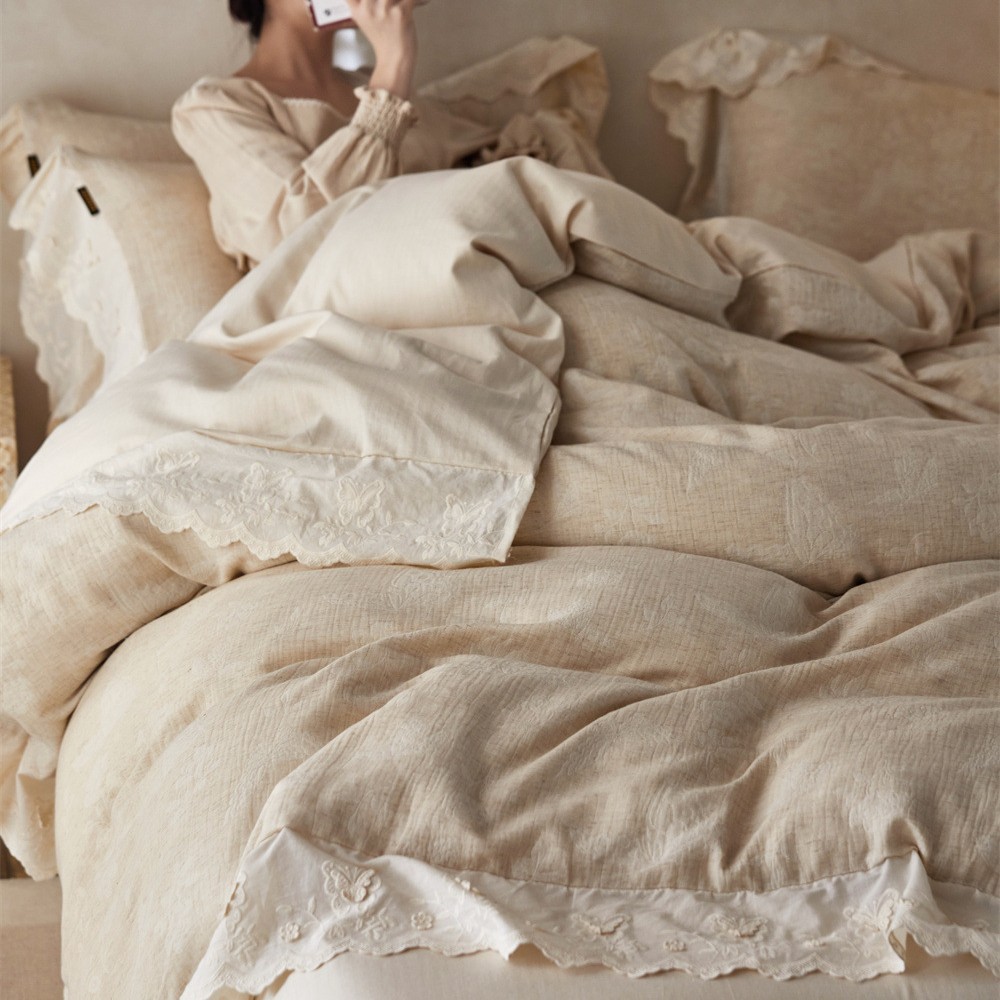 Japanese Style Simple Style Linen Cotton Linen Jacquard Four-Piece Set All Cotton Plain Skin-Friendly Breathable Solid Color Lace Quilt Cover Bedding