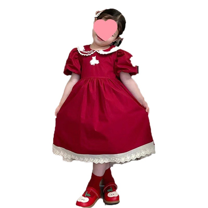 Internet celebrity girls' summer new Korean style fashionable dress children's fashionable doll collar puff sleeve solid color princess dress