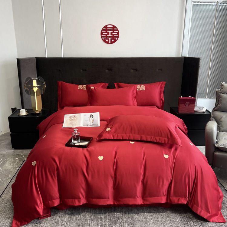 Picture of Big Red Washed Cotton Sanding Wedding Bed Four-piece Set New Wedding Bedding Bed Sheet Wedding Wedding Quilt Cover