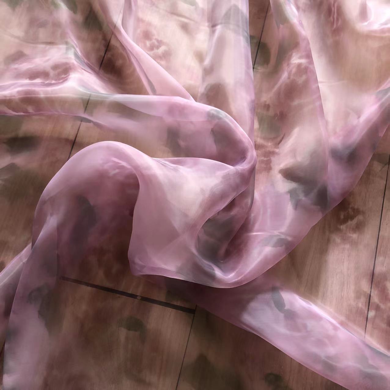 Xiaojun Textile Organza Printed Rose Flower Oil Painting Rose Pink Printed Wedding Dress Fabric Dress Fabric