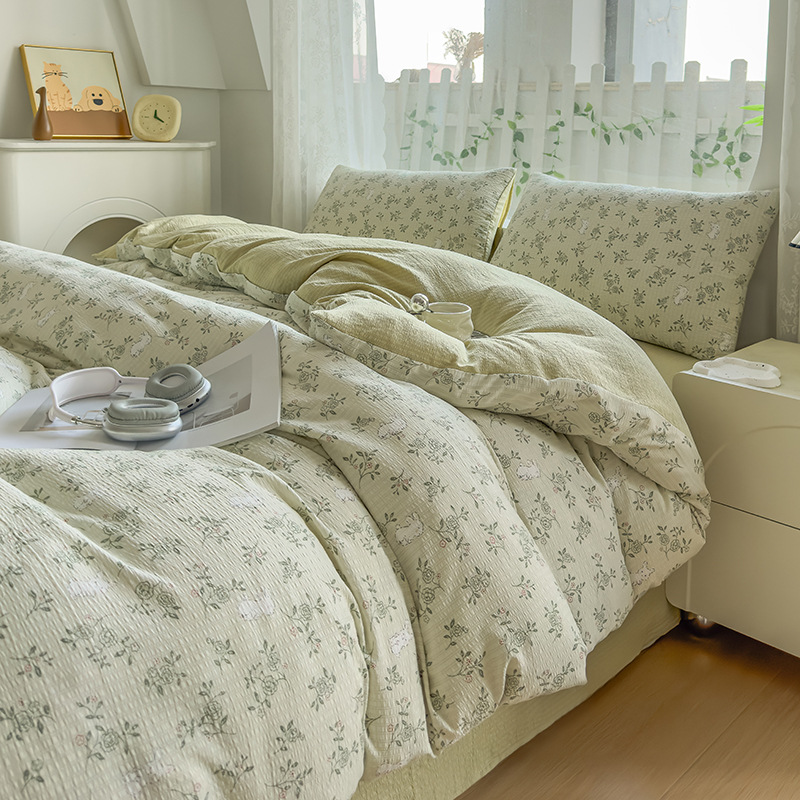 Picture of Class A Maternal and Infant Grade Fresh Small Zhu Cotton Four-piece Set Washed Cotton Bed Sheet Quilt Cover Three-piece Set for Student Dormitory
