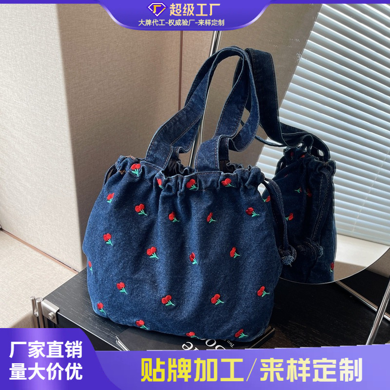 Foreign Order 2025 New Denim Bucket Bag Large Capacity Women's Bag Niche Design Shoulder Bag High-End Armpit Bag Trendy