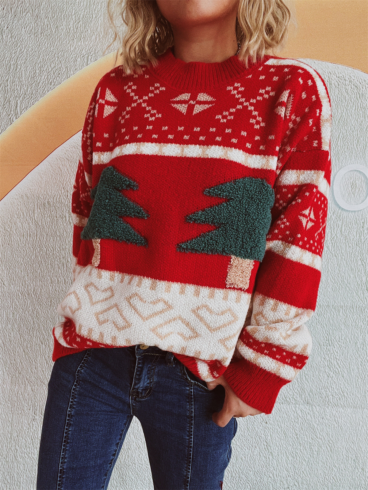 Cross-Border European and American Christmas Sweater Women's Casual Round Neck 2025 Knitted Christmas Tree Cartoon Jacquard Holiday New Year Sweater