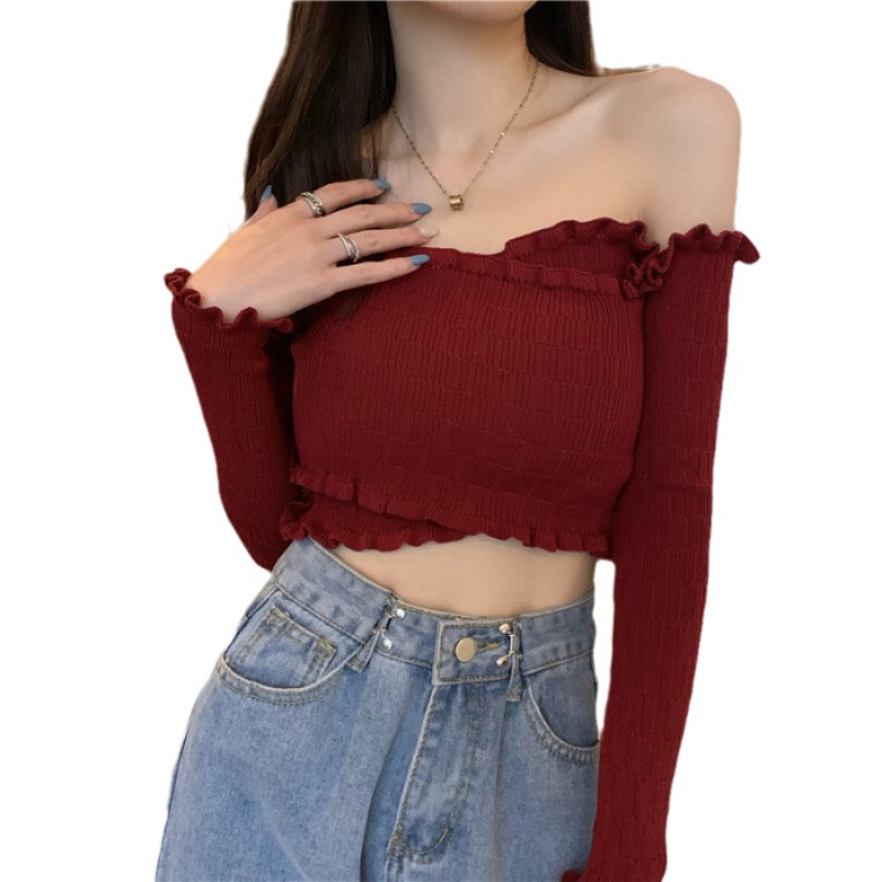 Picture of Early Autumn One-Shoulder Solid Color Stripesd Fungus Lace Discreet Off-Shoulder Knitted Top Mother's Knitted Style