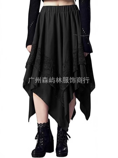 European and American New Halloween Women's Renaissance Style Lace Skirt Asymmetrical Double-Layer Mid Skirt with Pointed Corner