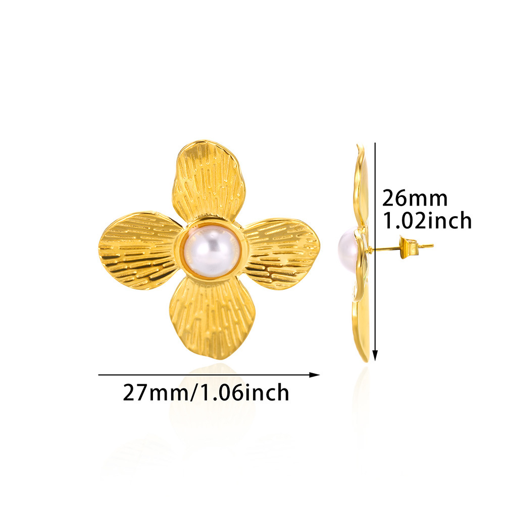 Picture of Cross-border new ins style fashion imitation pearl earrings 18K gold stainless steel earrings women's light luxury titanium steel petal earrings