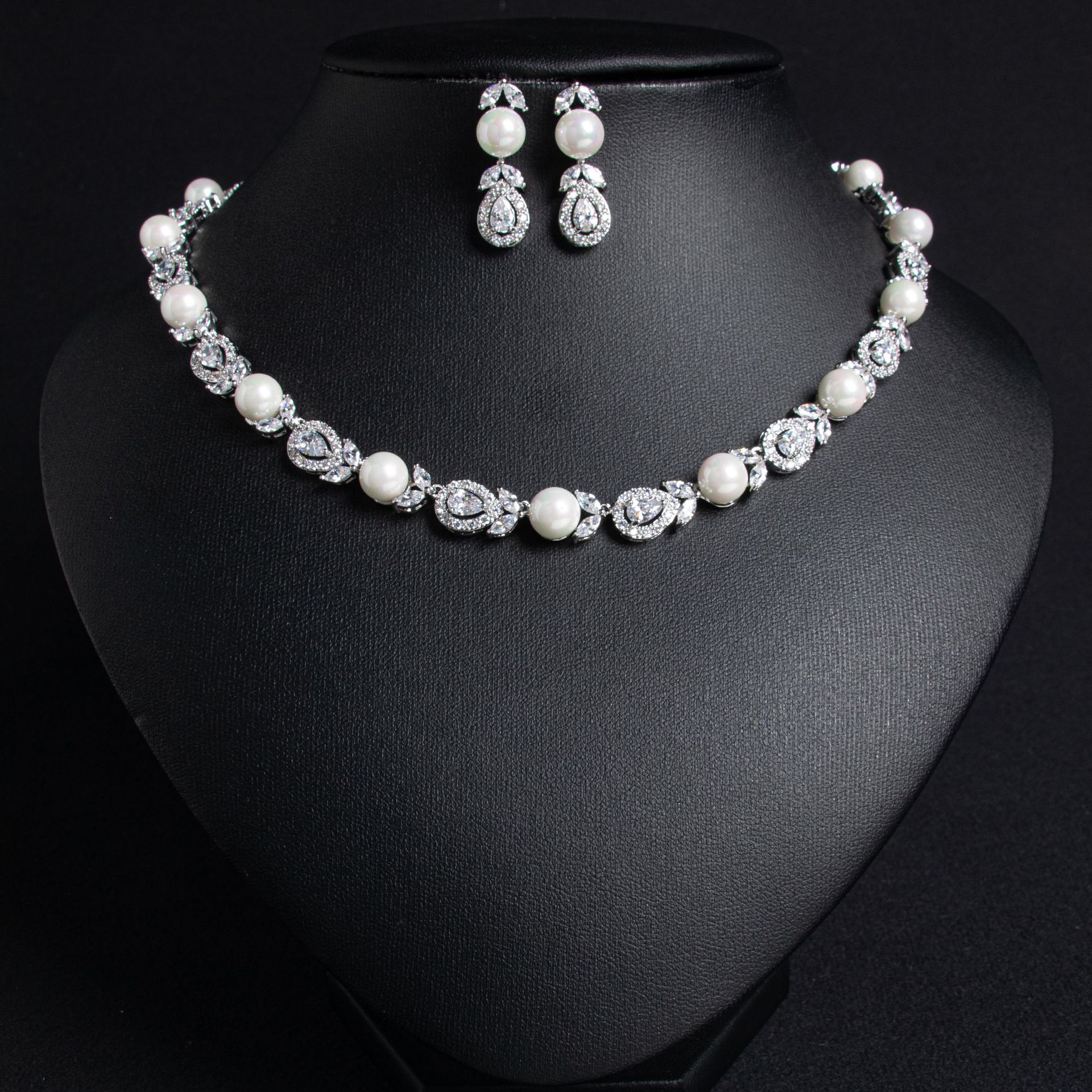 European and American Cross-border Shell Pearl Water Drops Zircon Necklace Earrings Women's High-end Summer Temperament All-match Jewelry suit