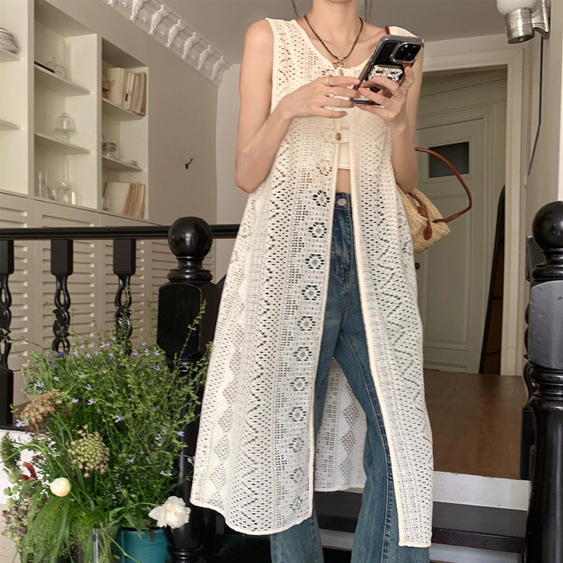 Lace Vest dress Women's Summer Design Sense Niche Hollow Outer Blouse Chubby Slim Long Skirt