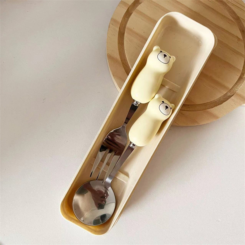 Picture of Ceramic Handle Cute Cartoon Skin Spoon Chopsticks suit Portable Tableware Cartoon Spoon Fork for Students