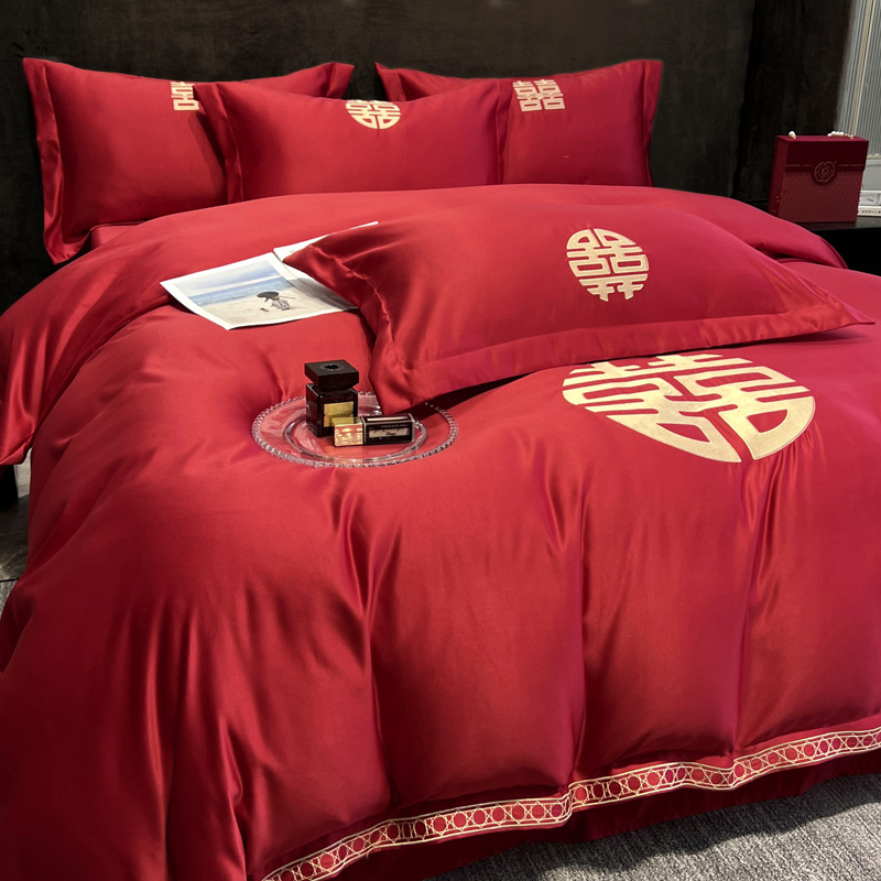 Big Red Washed Cotton Sanding Wedding Bed Four-piece Set New Wedding Bedding Bed Sheet Wedding Wedding Quilt Cover