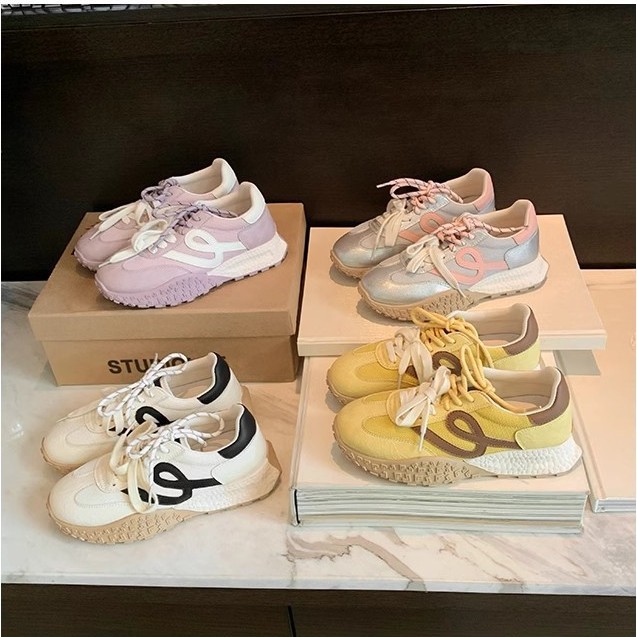 Grape mom with 6cm in height ~ Joker contrast color lace-up mesh thick bottom casual moral training board shoes for women in summer