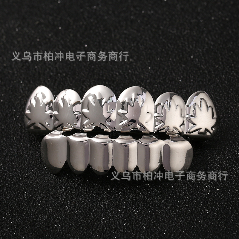 Hip-hop Cross-border Explosions Grillz Hemp Leaf Maple Leaf Braces Hip-hop Gold Braces Exaggerated Suicide Team Gold Teeth