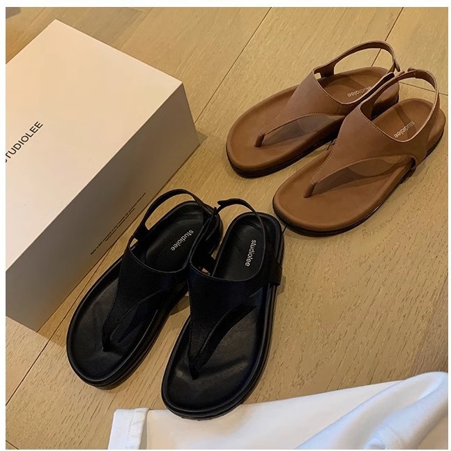 Grape Mom's Same Style Normcore Flip-Flops Retro Thong Flats Bottom Niche Roman Style Sandals Women's Genuine Leather