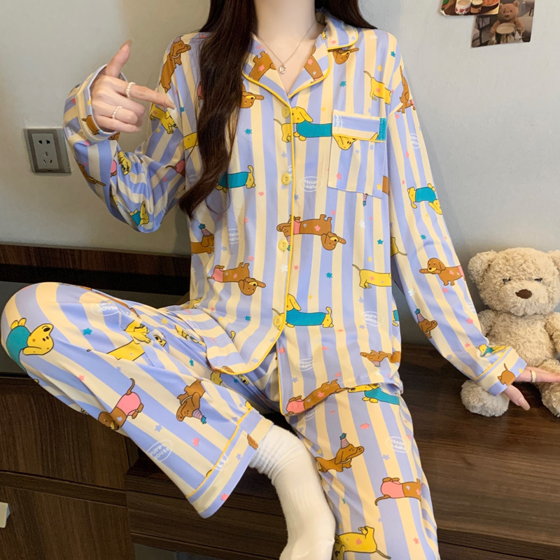 Picture of New Ins Pajamas for Women Simple Stripesd Internet Celebrity Long-Sleeved Cardigan Girl Korean Version Thin Home Wear Set Wholesale