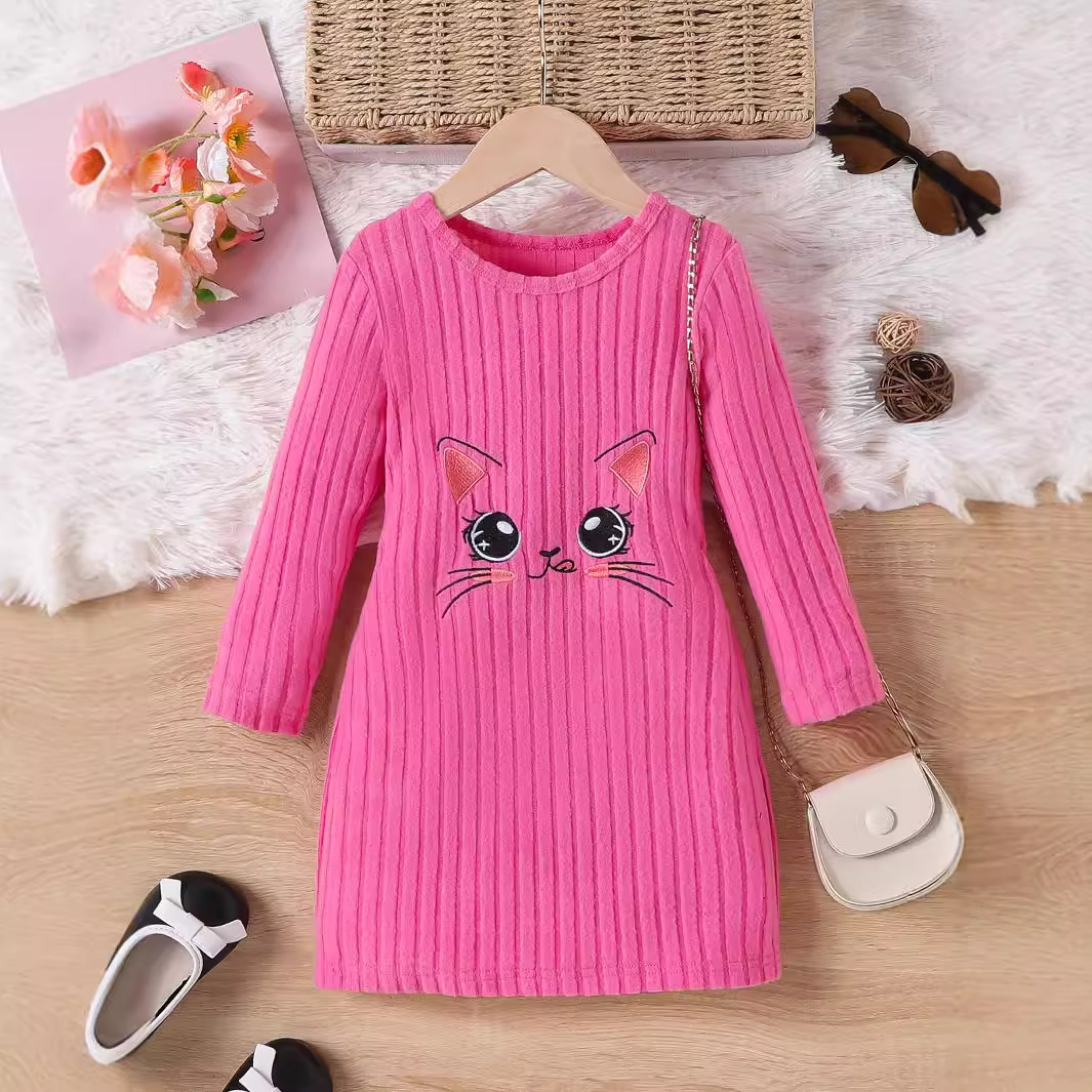 Girls Fashion Cat Embroidery Solid Color Pit Strip Knitted dress