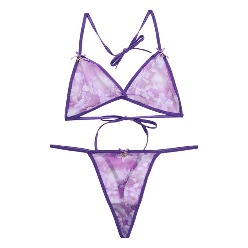 Cross-border hot-selling printed underwear set comfortable soft mesh perspective sexy gathered cross straps 661-AB