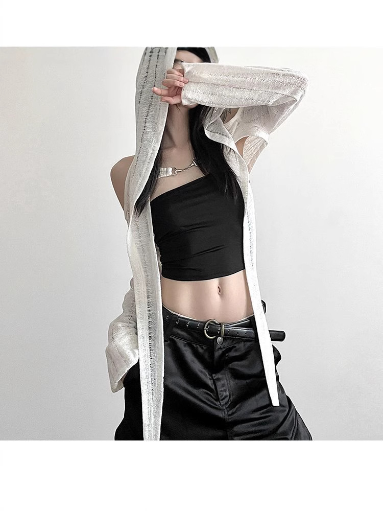 [Direct Delivery from the Source Manufacturer] Niche Handmade Frayed Off-Shoulder Hooded Blouse for Women Slimming Look Short Jacket
