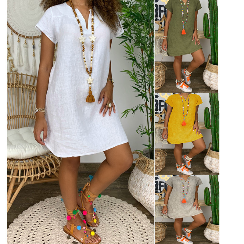 Picture of 2023 New Amazon WISH Hot Spring Summer Loose Skirt Short Sleeve V-Neck Solid Color Woven dress