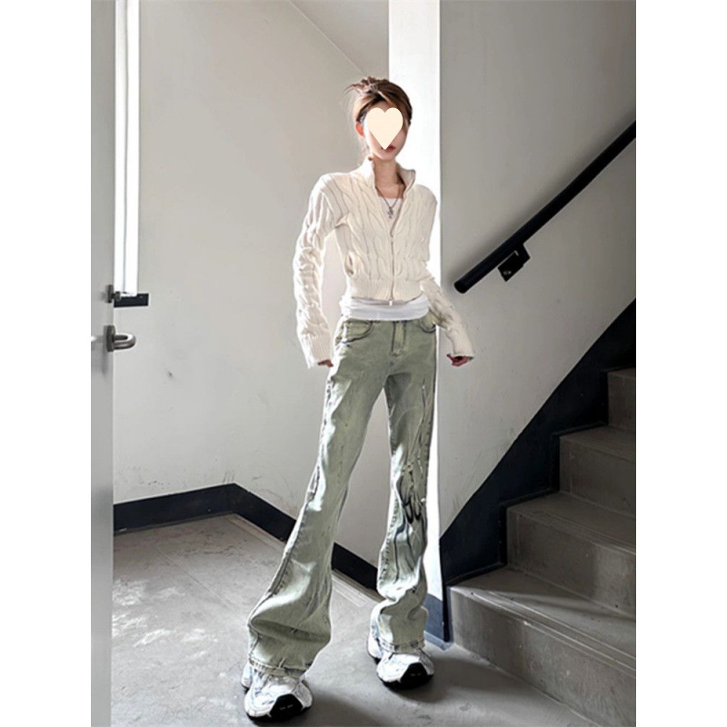 American-style High Street Harajuku Slim Look Jeans Women's Washed Stylish Printed Slim-fit Micro Horn Vibe Style Pants Ins