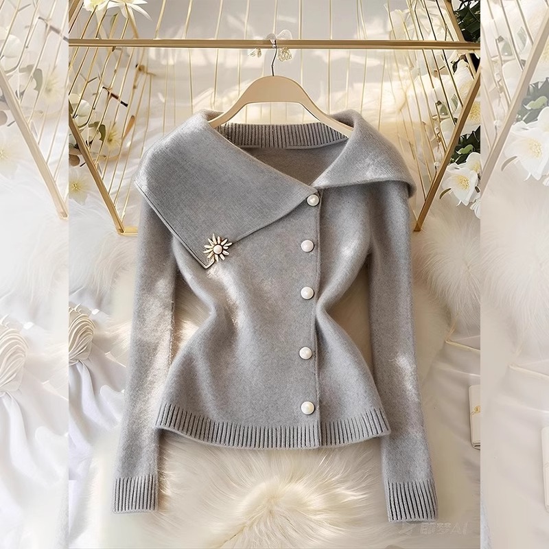 2024 Korean New Style Gray Large Lapel Knitted Cardigan for Women Casual Loose Versatile Elegant Sweater Trend