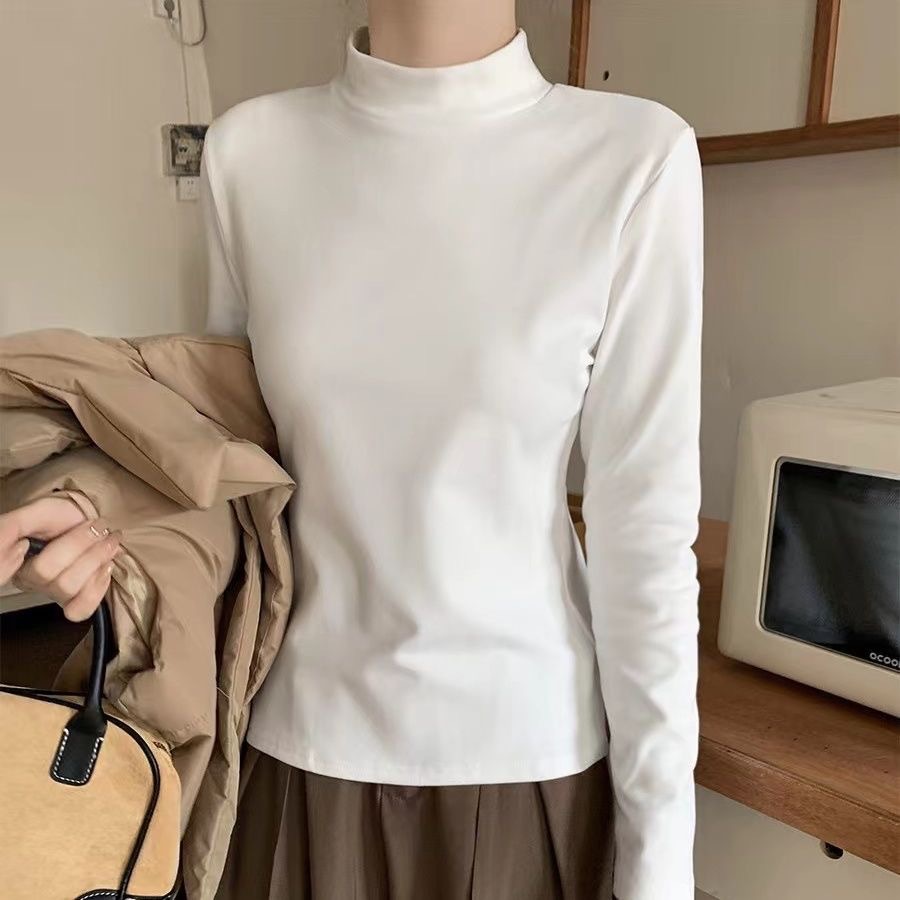 Heavyweight fleece-lined double-sided German fleece multi-color integrated fleece warm base shirt, half-turtleneck top, long-sleeve T-shirt, women's trendy shirt