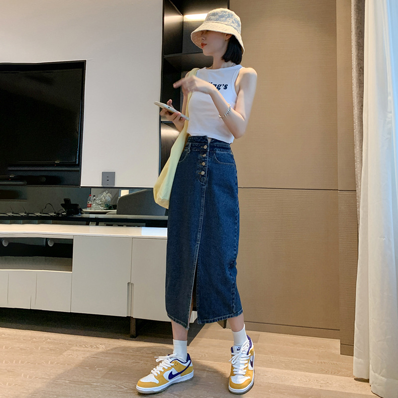 Vintage Split Denim A- Line Skirt 2023 Summer New Thin High Waist Small Mid-Length Skirt Slimming