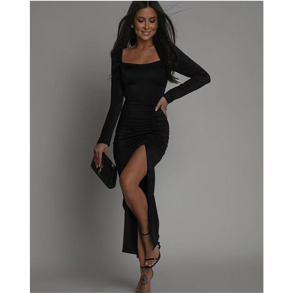 African Women's Sexy Tight Skirt Square Neck Slim Slit Fashionable Black Beauty Dress