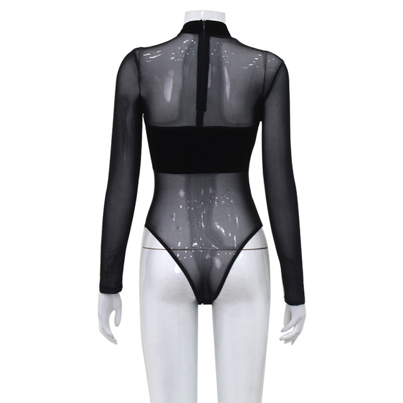 Picture of 2023 European and American women's mesh velvet stitching sexy cross hollow tight high waist temperament long sleeve jumpsuit women