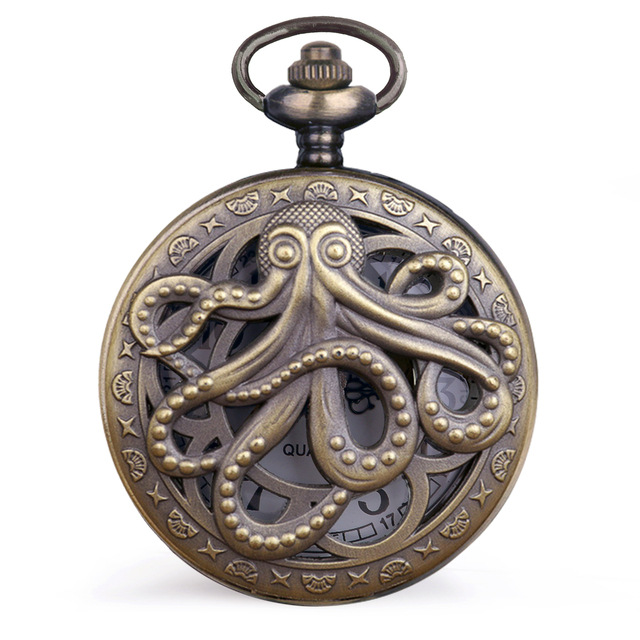 Antique Octopus Hollow Half Hunter Quartz Pocket Watch Steampunk Black Pocket Watch Necklace Chain Kids Gift Table