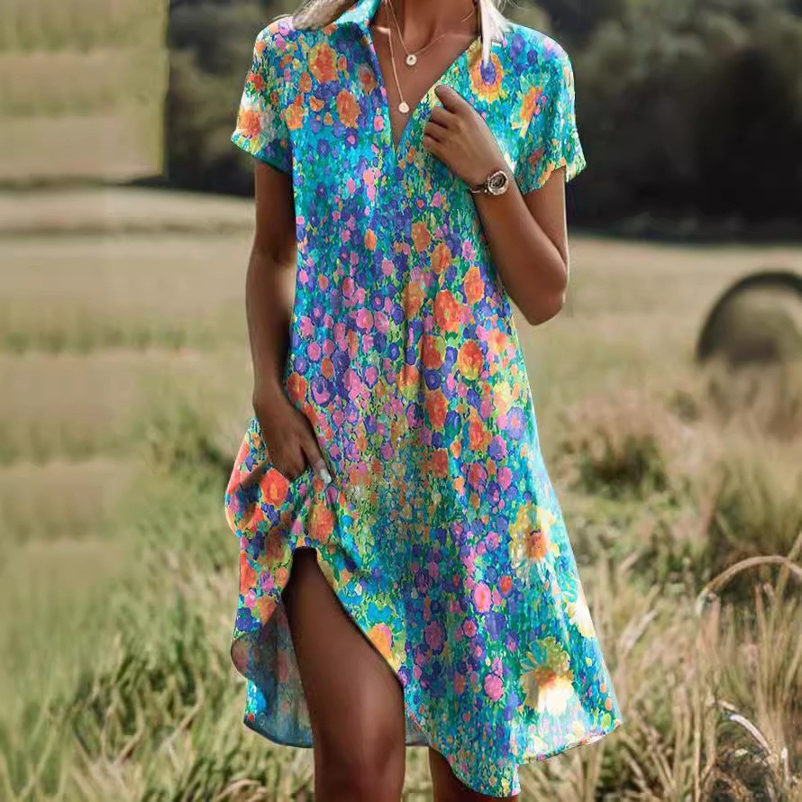2024 European and American Amazon Summer New Women's Round Neck Short-Sleeved Long Skirt Bohemian Printed Dress for Women