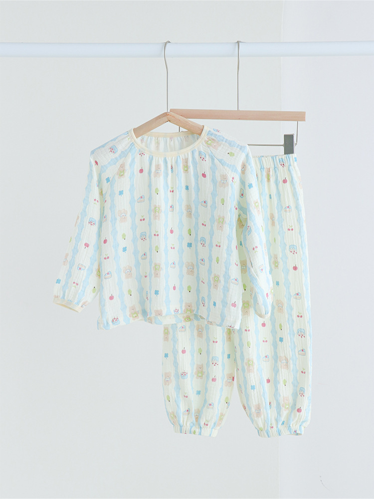 Picture of 2024 Children's Air-Conditioned Home Clothes Double-Layer Cotton Yarn Pajamas for Boys and Girls Pure Cotton Spring and Summer Thin Nefty Long-Sleeved suit