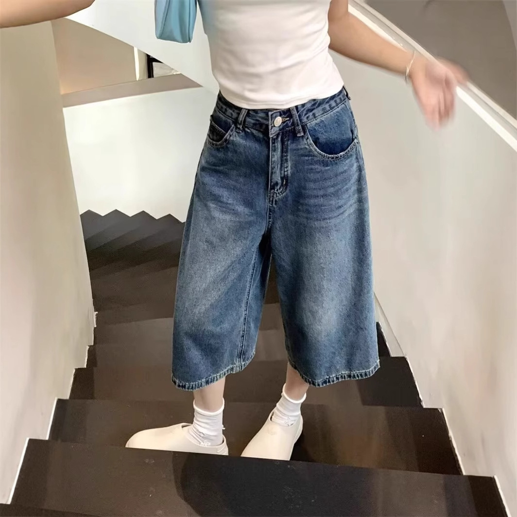 2025 Summer New Women's Retro High Street Jeans High Waist Slimming Straight Wide Leg Cropped Pants Trendy Pants