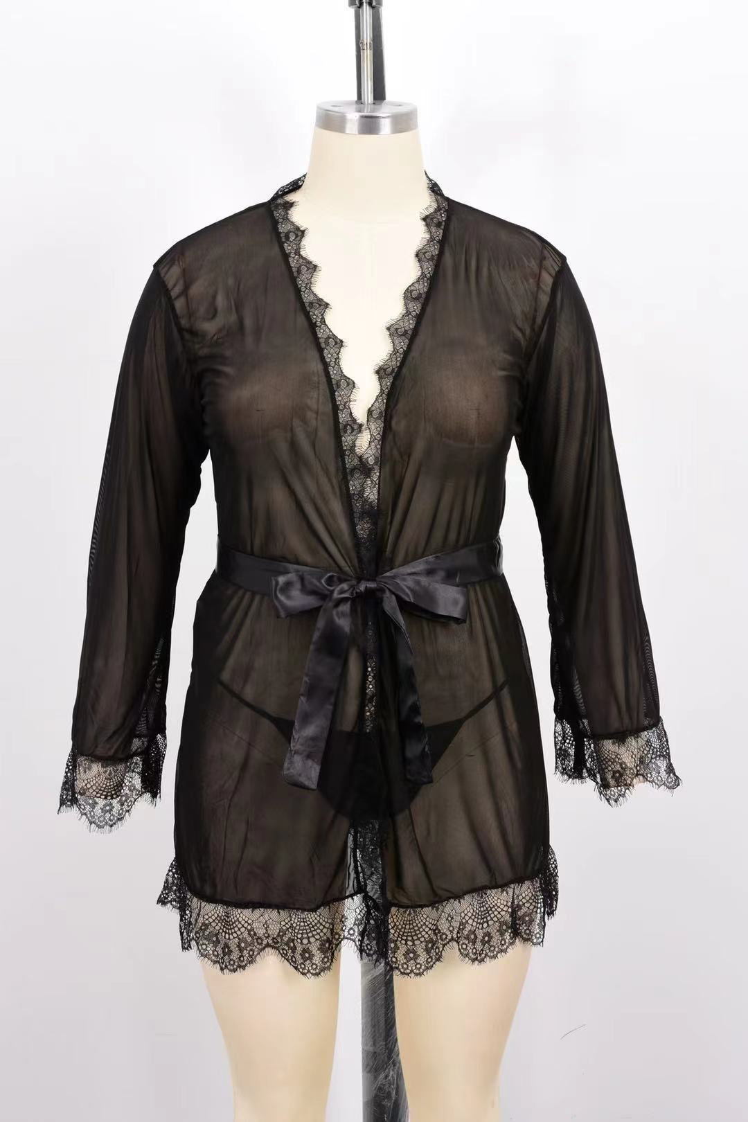 Sexy underwear bathrobe eyelash lace kimono pajamas European and American strap nightgown set wholesale d120