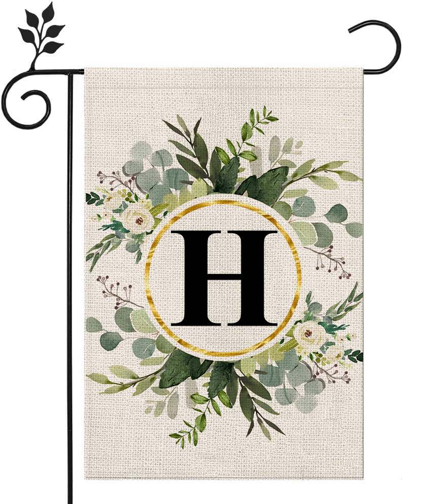 Picture of Simple ins style 26 letters + green plant printed linen garden flag surname initials courtyard door flag
