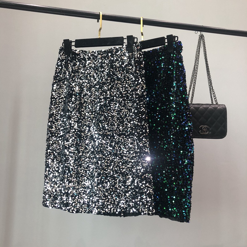Spring New Women's Sequin Skirt High Waist Slimming Mid-length Over-the-Knee Skirt Glittering Beaded Elasto Waist Skirt