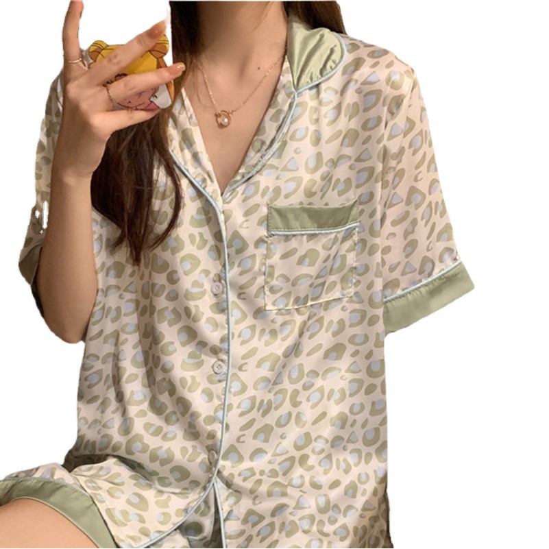 Pajamas Women's Summer Ice Silk Short-sleeved Internet Popular Korean-style Leopard Sweet Cute Cardigan Simulation Silk Home Clothes Set